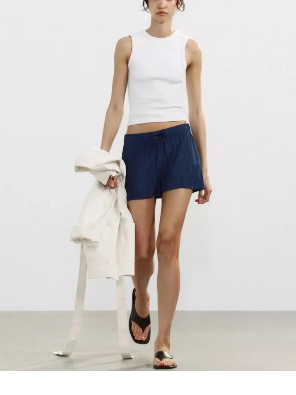 Zara Navy Crinkle High-Waist Drawstring Shorts
